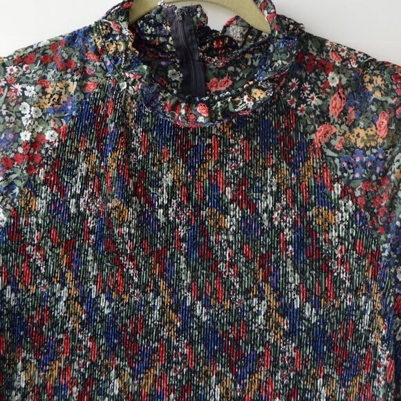 Vintage 1970s Sheer Floral Accordion Pleated High Neck Liz Roberts Dress Frills - Picture 2 of 9